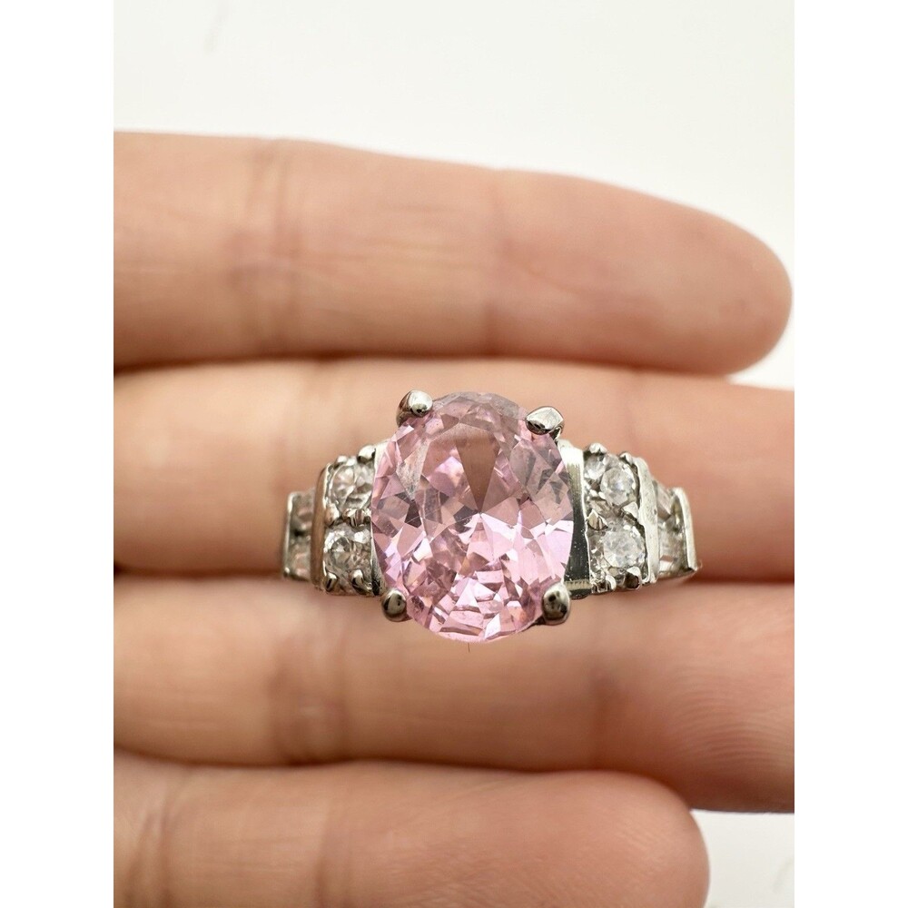 Vintage Pink & White Cubic Zirconia Sterling Silver Ring - Size 7.5